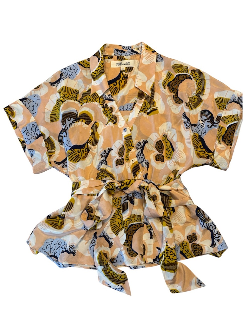 Diane von Furstenberg Blush, Chocolate Brown Printed Washed 100% Silk Wrap Top M